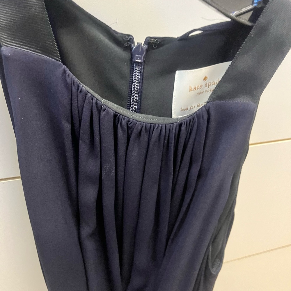 KATE SPADE sleeveless navy belted dress, lace trim at hem